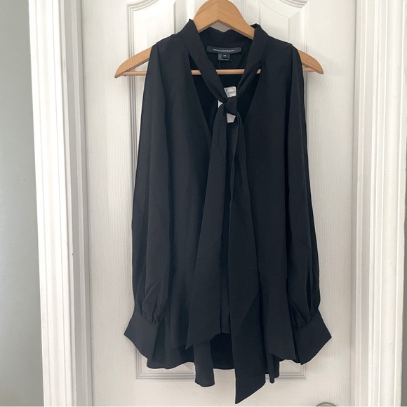 French Connection Crepe Tie-Neck Cold-Shoulder Long-Sleeve Blouse, Black, XS - Picture 3 of 6